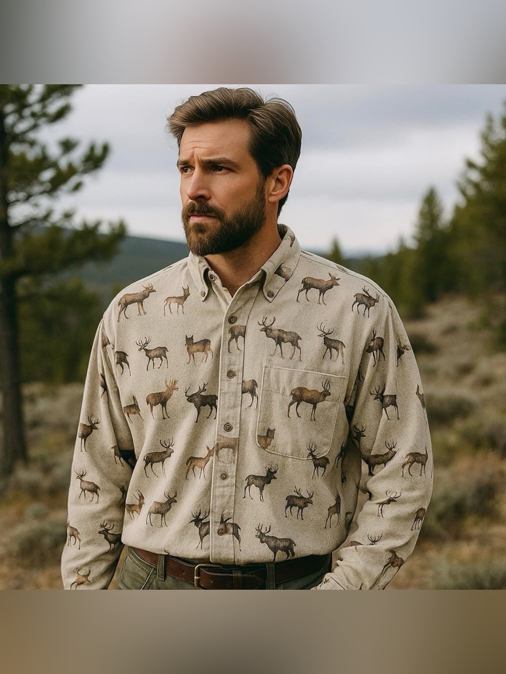 Woolrich Button Down Shirt XL Ivory Deer Print Cotton Flannel Tan Long Sleeve